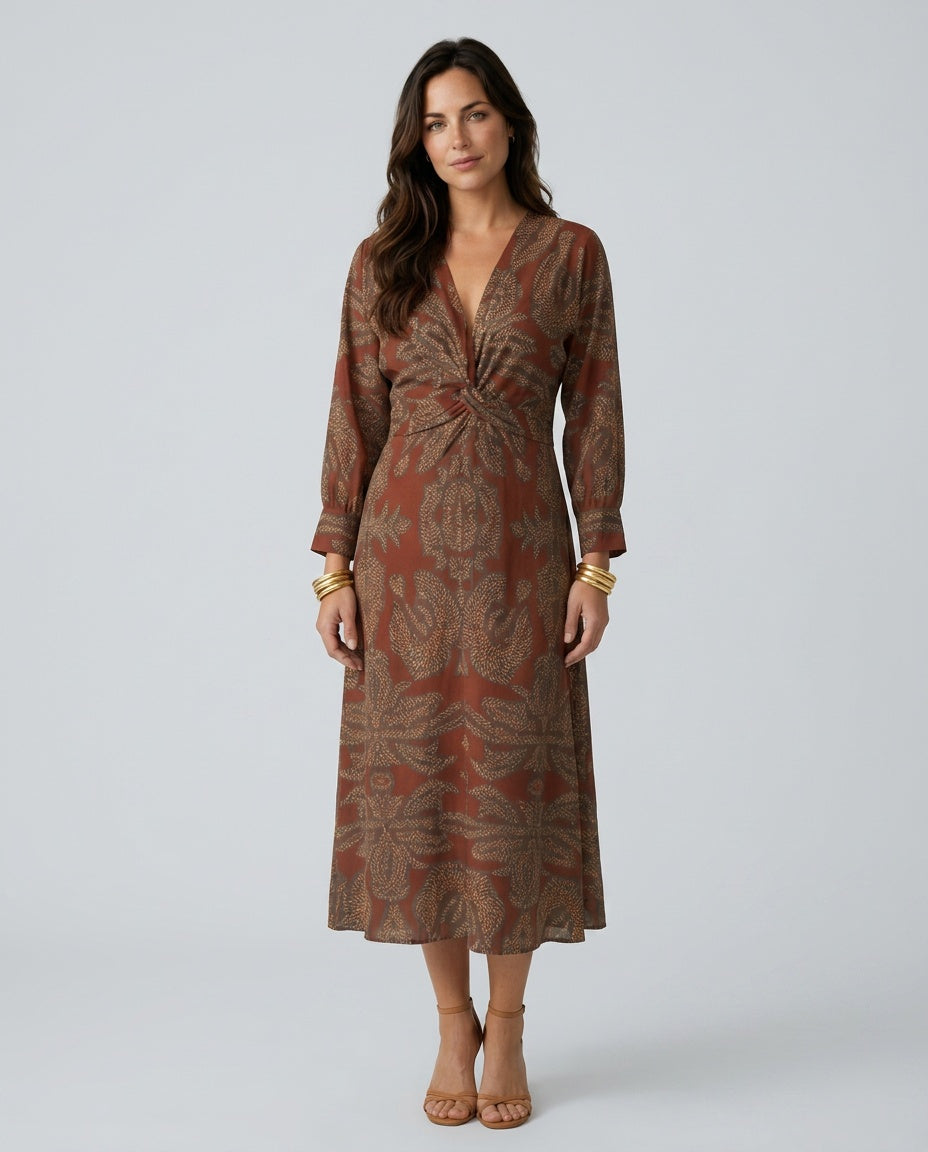 Delphine | Wrap Midi Dress in Natural Print