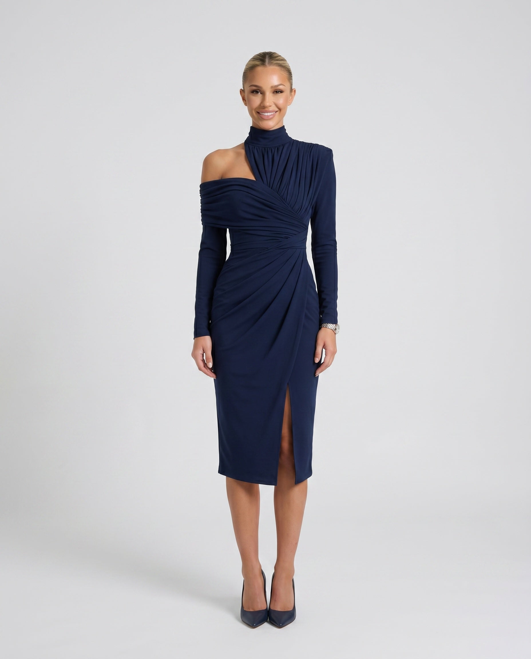 Priya | Asymmetric Neck Open Back Midi Dress