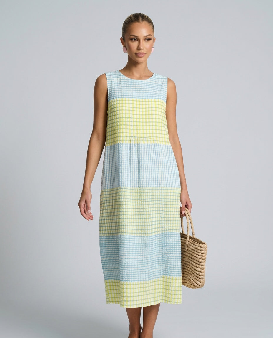 Helena | Printed Gathered Waist Sleeveless Midi Dress