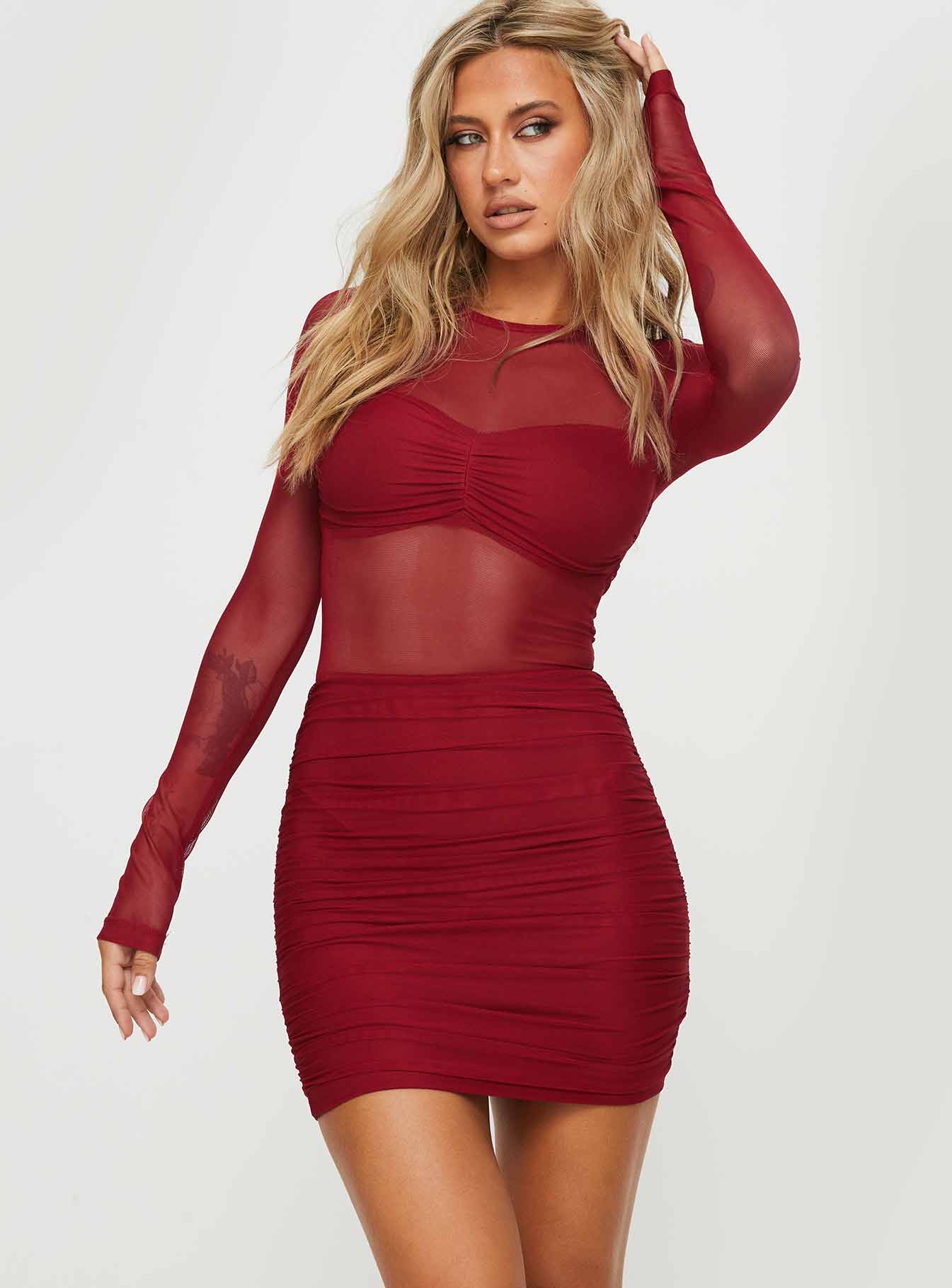 Skylar | Long Sleeve Ruched Mesh Mini Dress