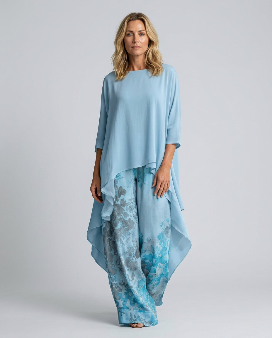Belen | Printed Asymmetric Top & Wide-Leg Trousers Set