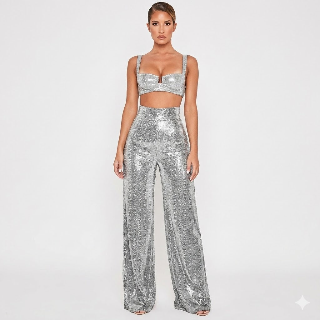 Aubrey | High Waist Glitter Wide Leg Trousers