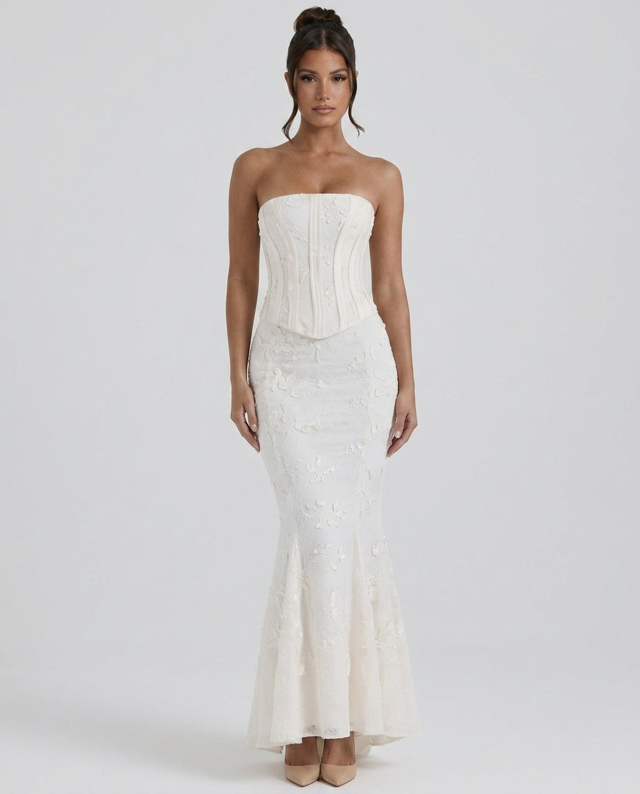 Seraphine | Strapless Embroidered Corset & Maxi Skirt Set
