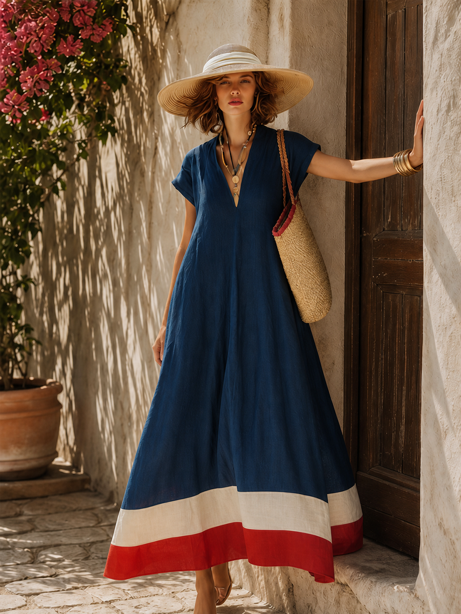 Alba | Contrast Hem Linen-Blend Maxi Dress