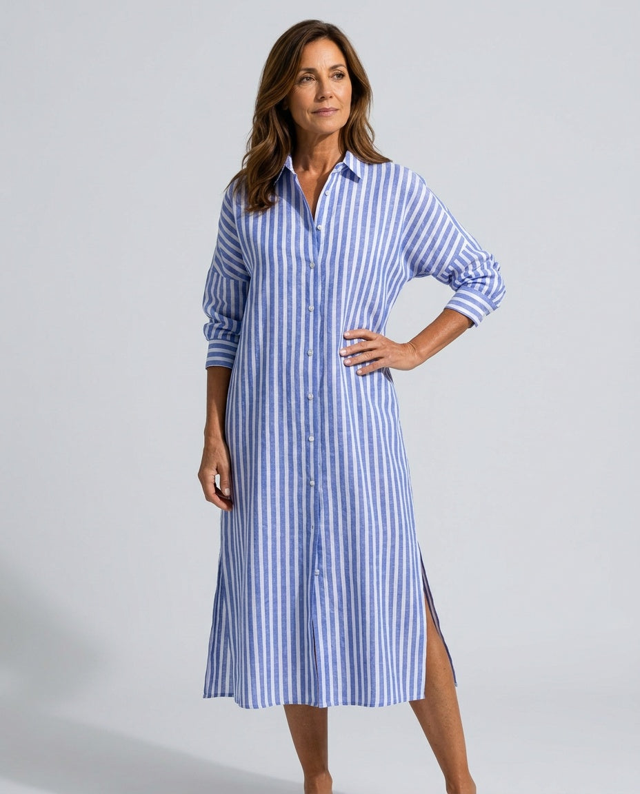 Josie | Striped Linen-Blend Shirt Collar Midi Dress