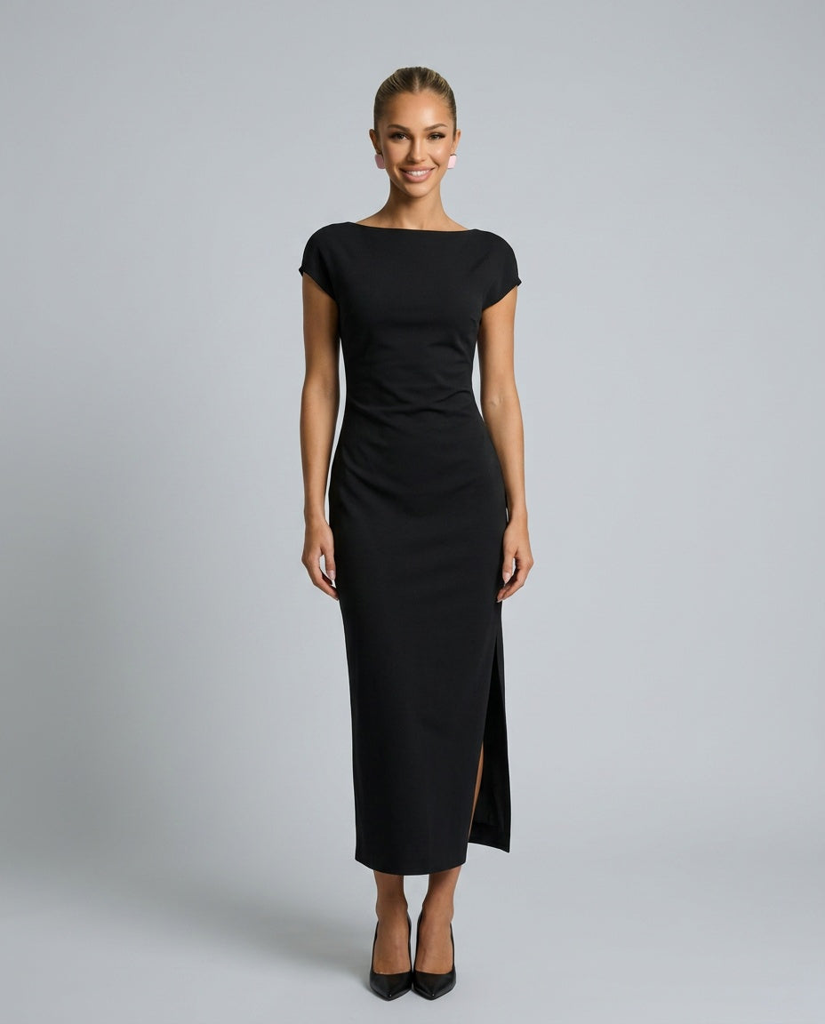 Nora | Short Sleeve Boat Neck Fitted Midi Dress