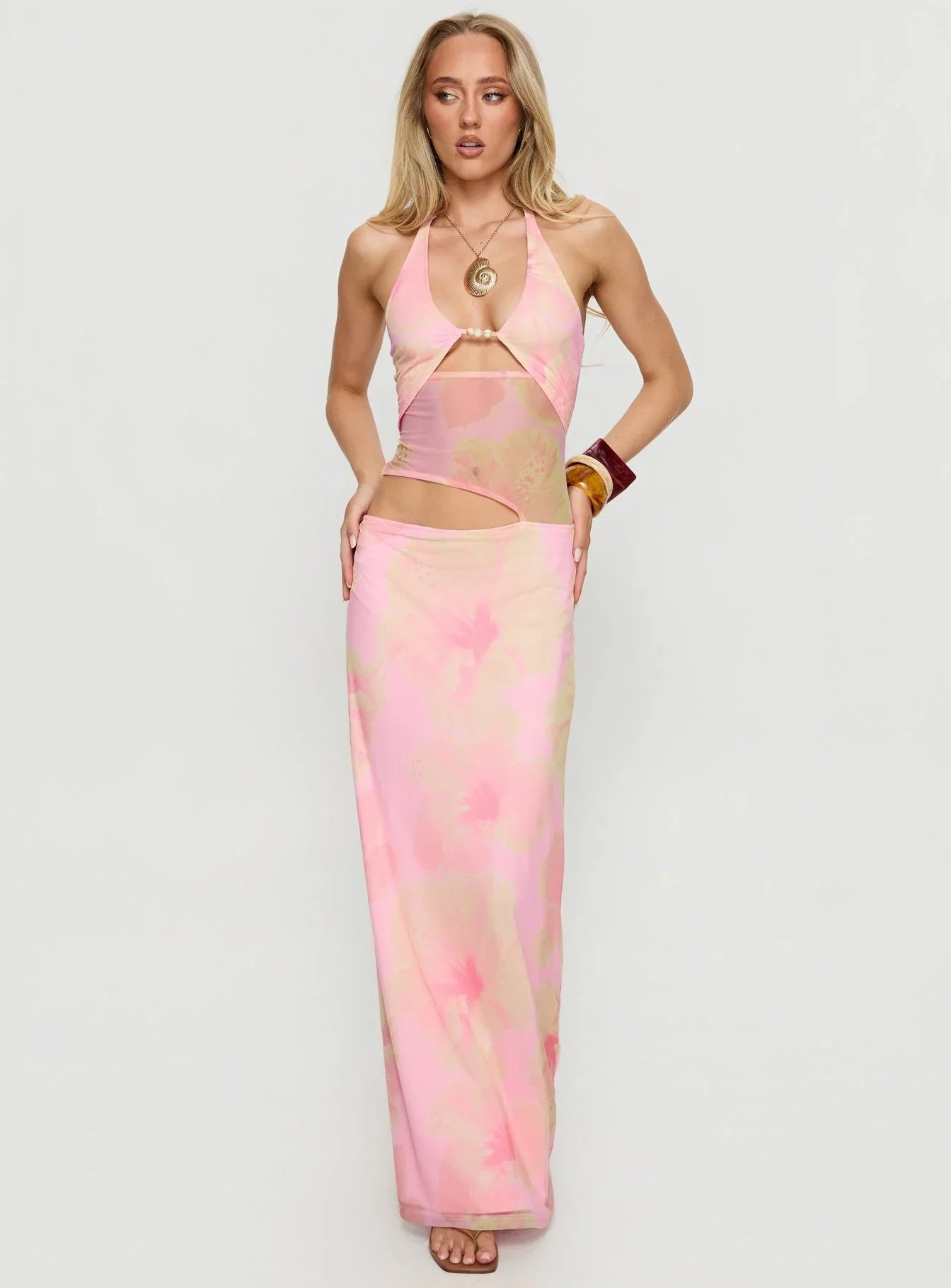 Darya | Halter Neck Floral Mesh Maxi Dress