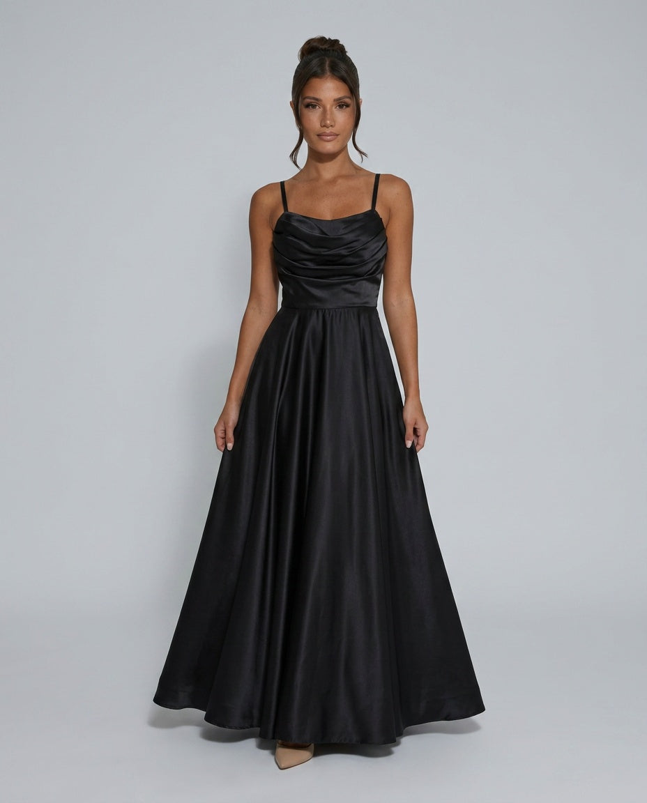 Xenia | Cowl Neck Pleated Satin-Look Maxi Dress