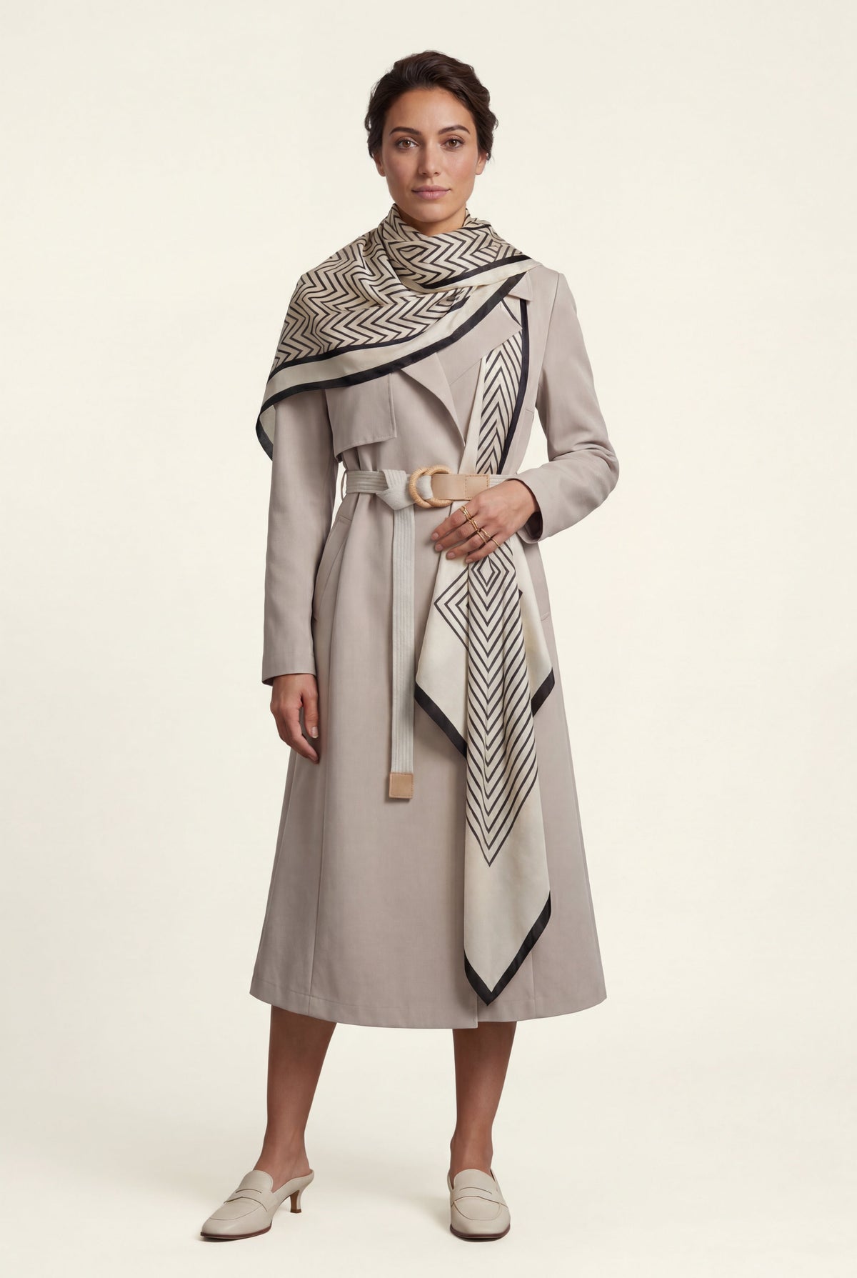 Noelia | Belted Geometric Scarf Midi Coat