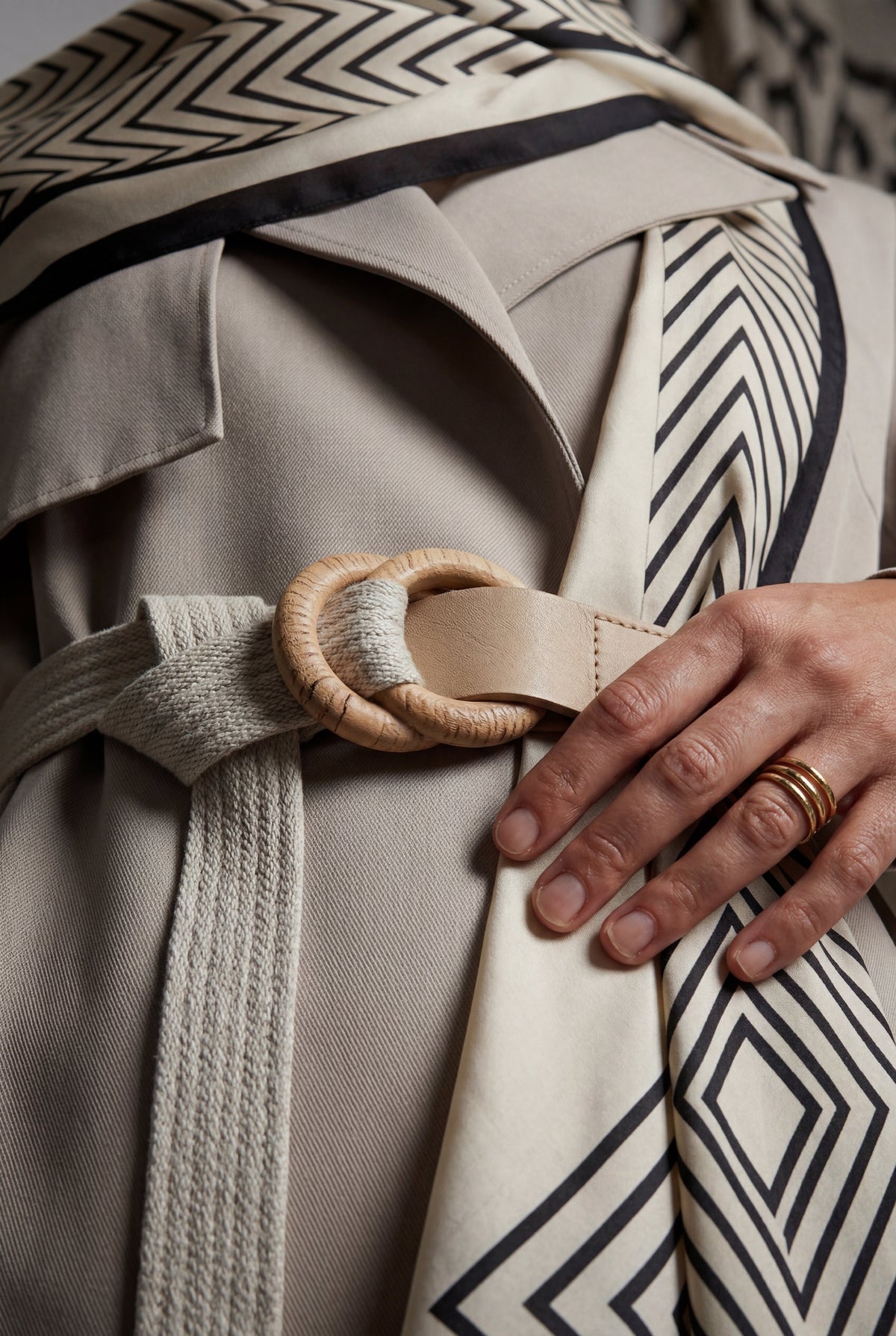 Noelia | Belted Geometric Scarf Midi Coat