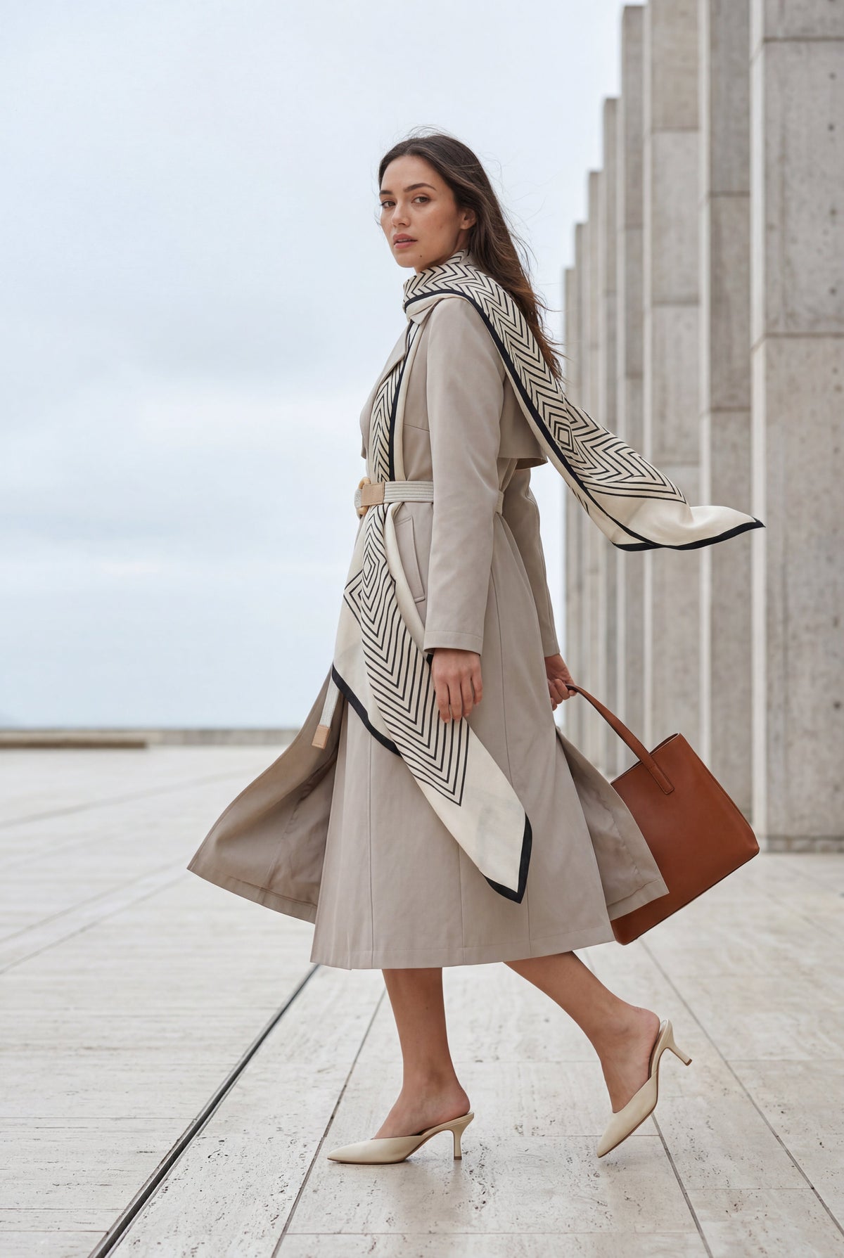Noelia | Belted Geometric Scarf Midi Coat