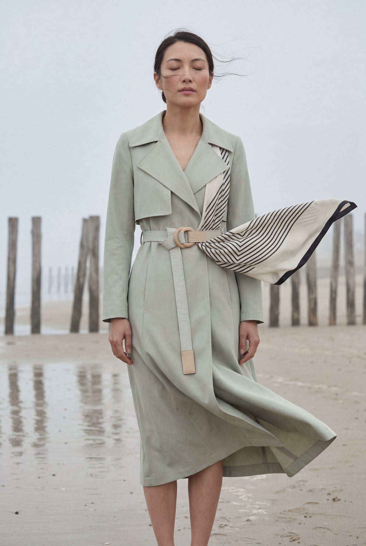 Noelia | Belted Geometric Scarf Midi Coat