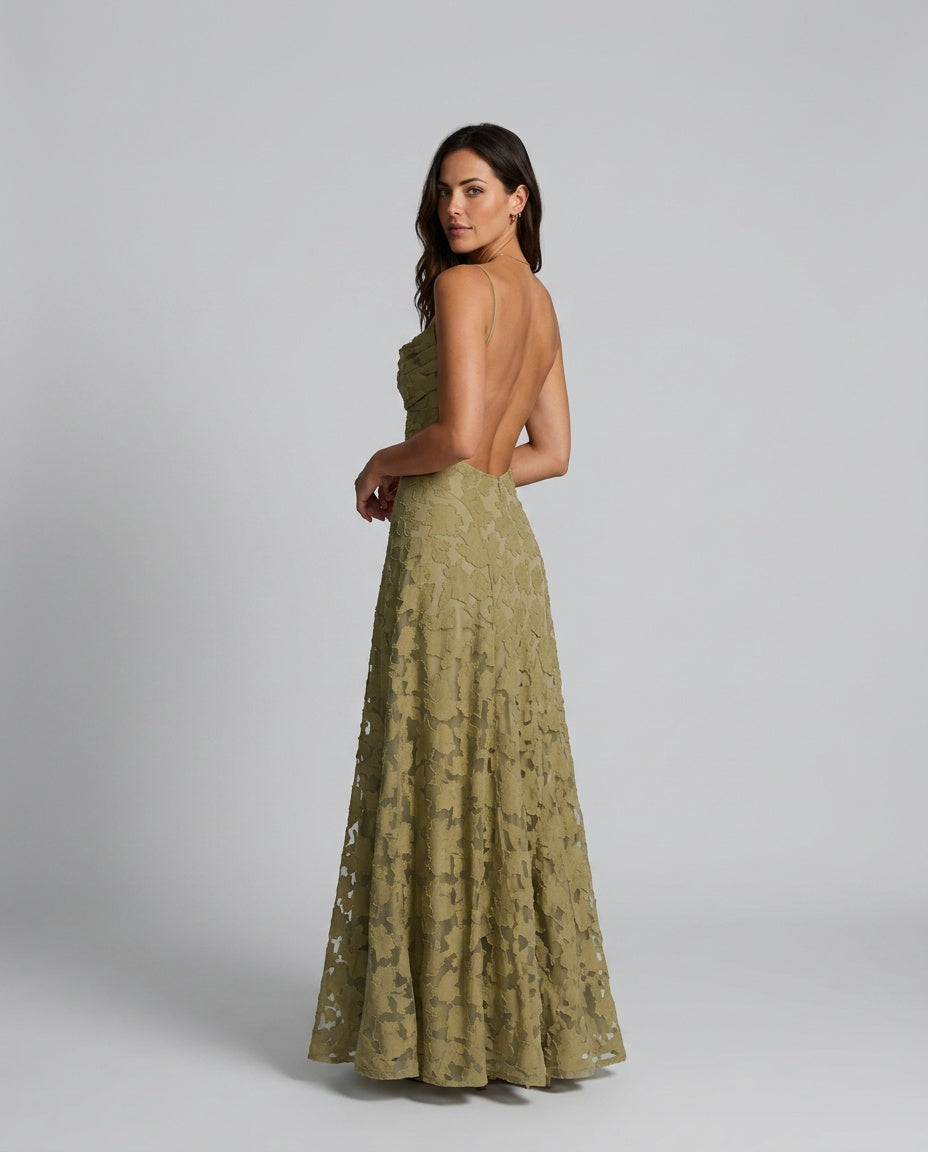 Frankie | Floral Cowl-Neck Lace-Back Maxi Dress