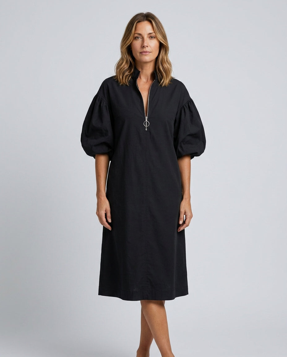 Astrid | Puff Sleeve High Neck Midi Dress