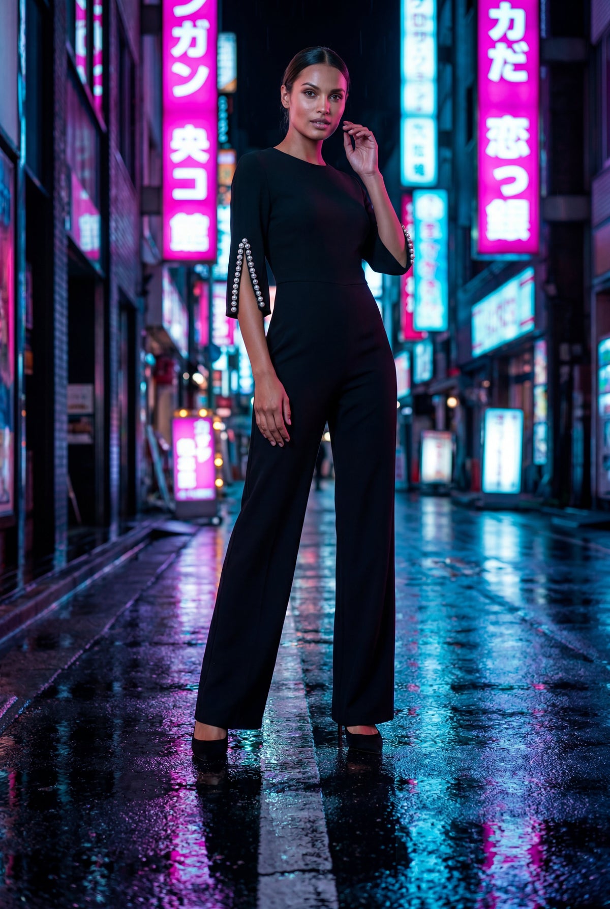 Nina | Beaded Sleeve Wide Leg Jumpsuit