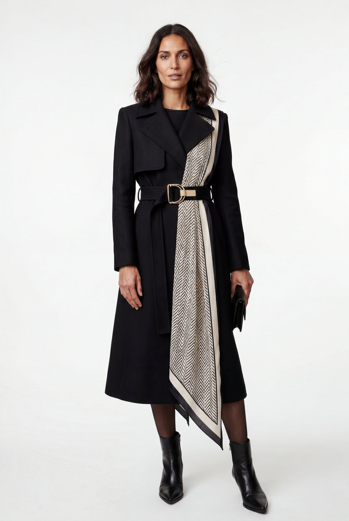 Noelia | Belted Geometric Scarf Midi Coat