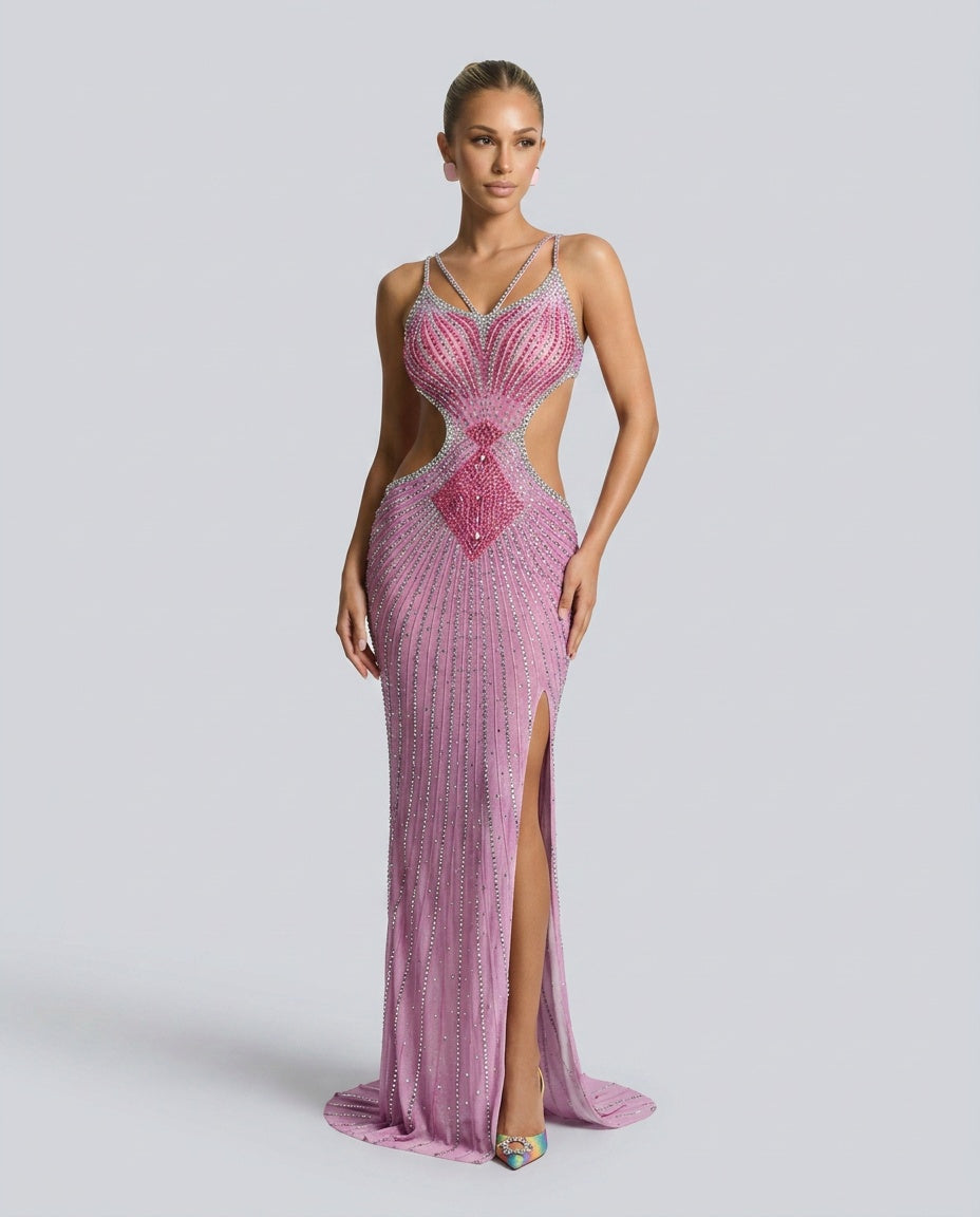 Soraya | Crystal Cutout Maxi Dress in Hot Pink