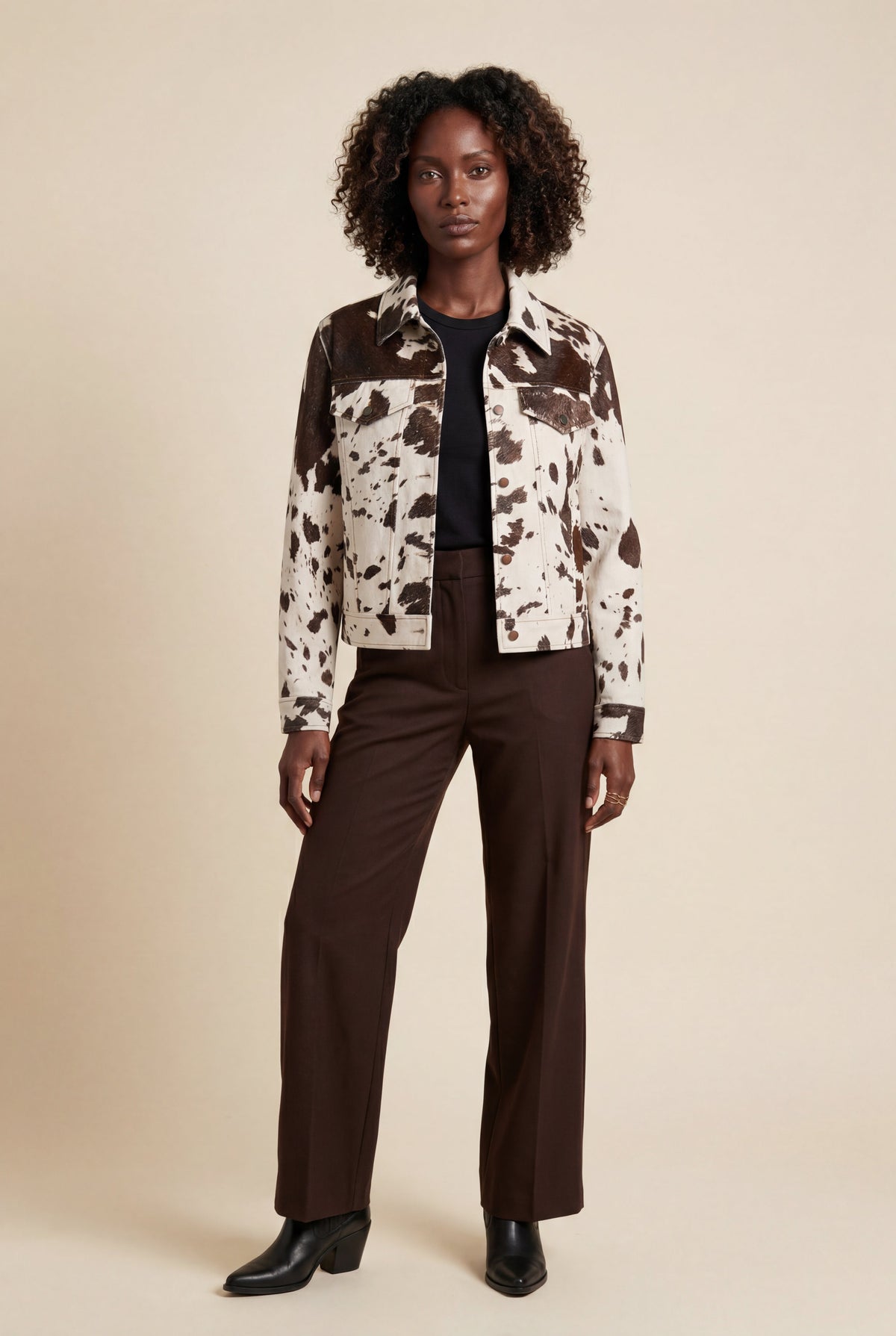 Hadley | Cropped Cow Print Faux Fur Trucker Jacket