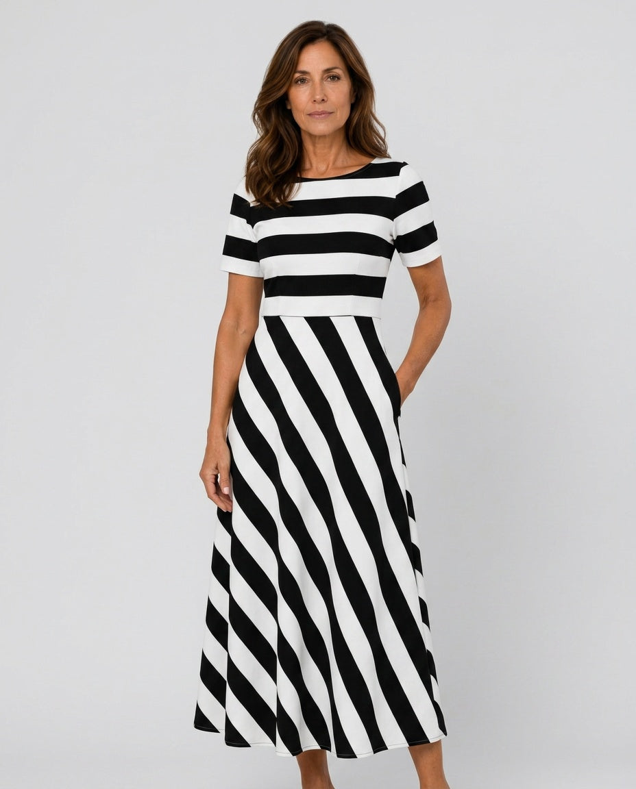 Chloe | Striped A-Line Split Neck Midi Dress