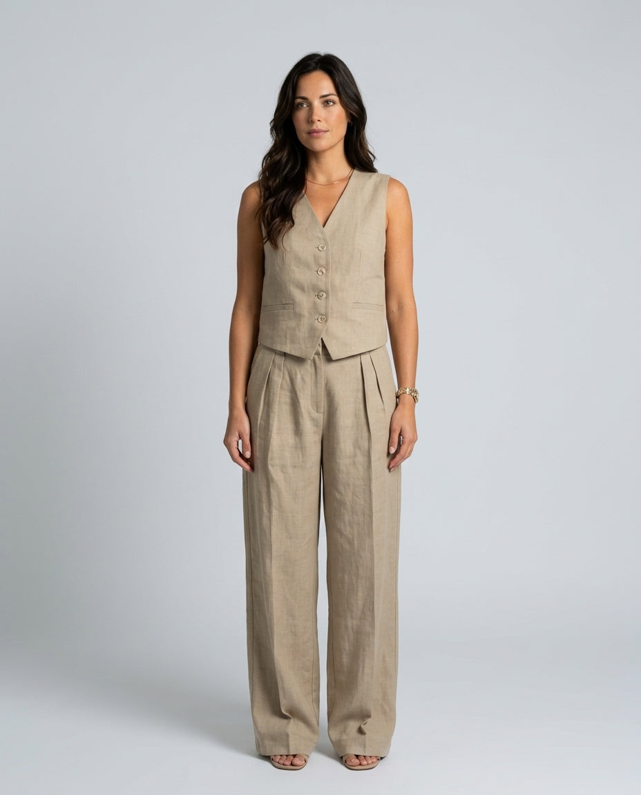 Nina | Sleeveless V-Neck Button Front Wide-Leg Co-ord Set