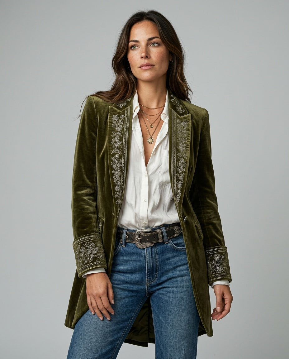 Kira | Embroidered Longline Jacket with Layered Cuffs