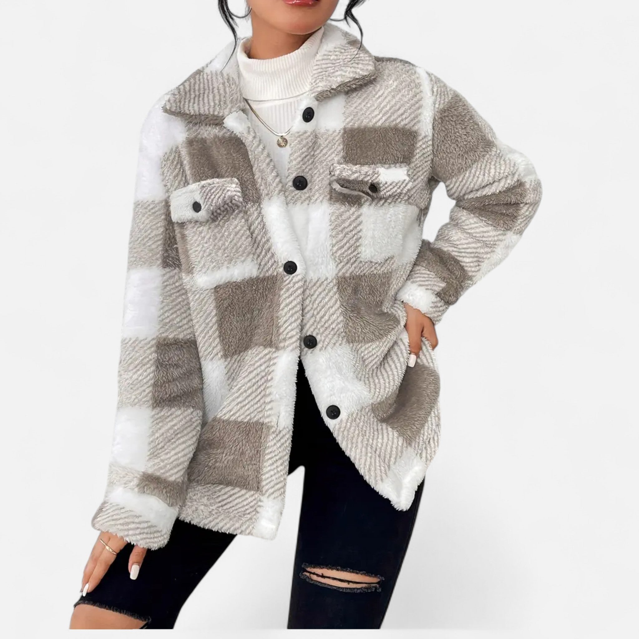 Piper | Check Print Button Front Sherpa Jacket
