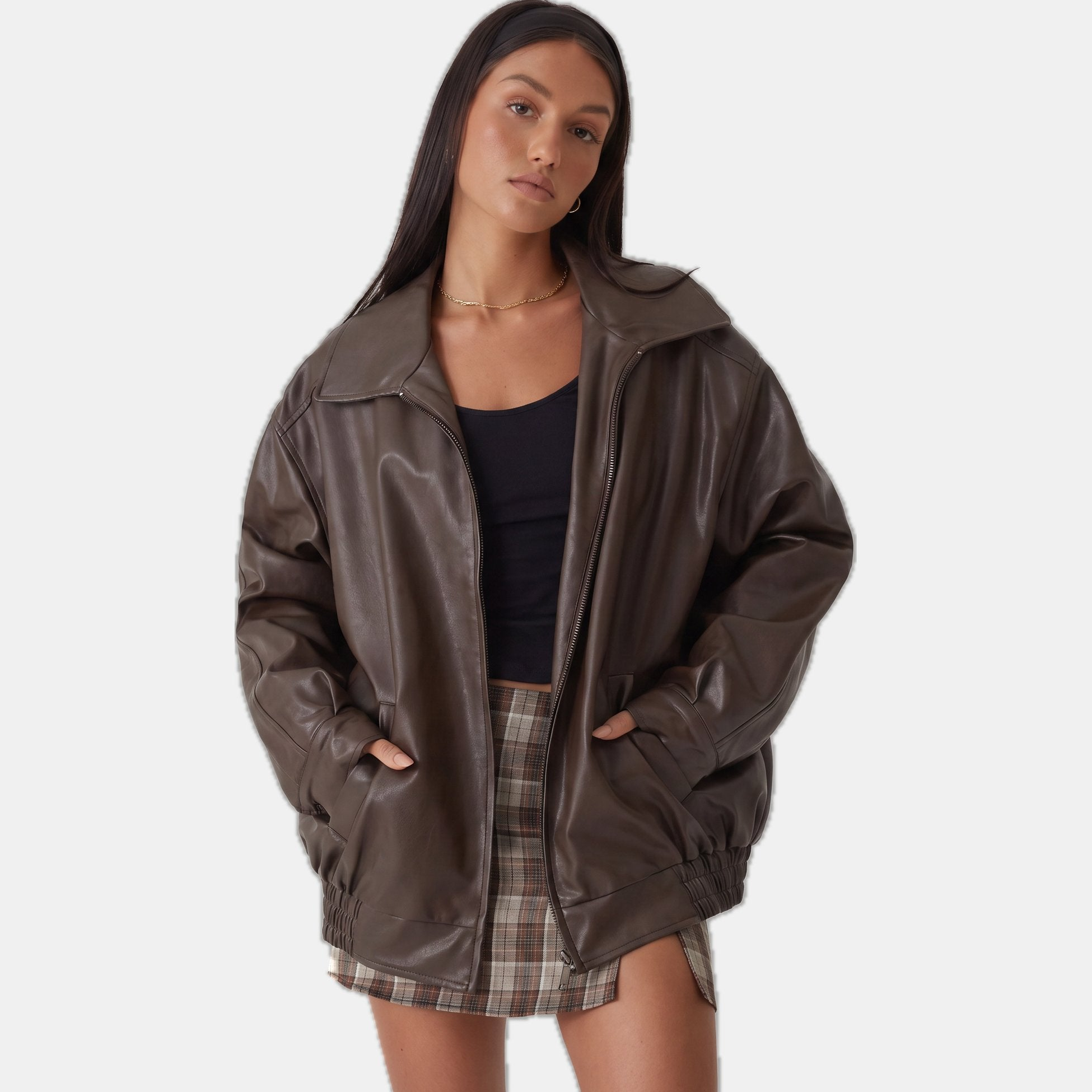 Zoé | Oversized Zip Front Faux Leather Bomber Jacket