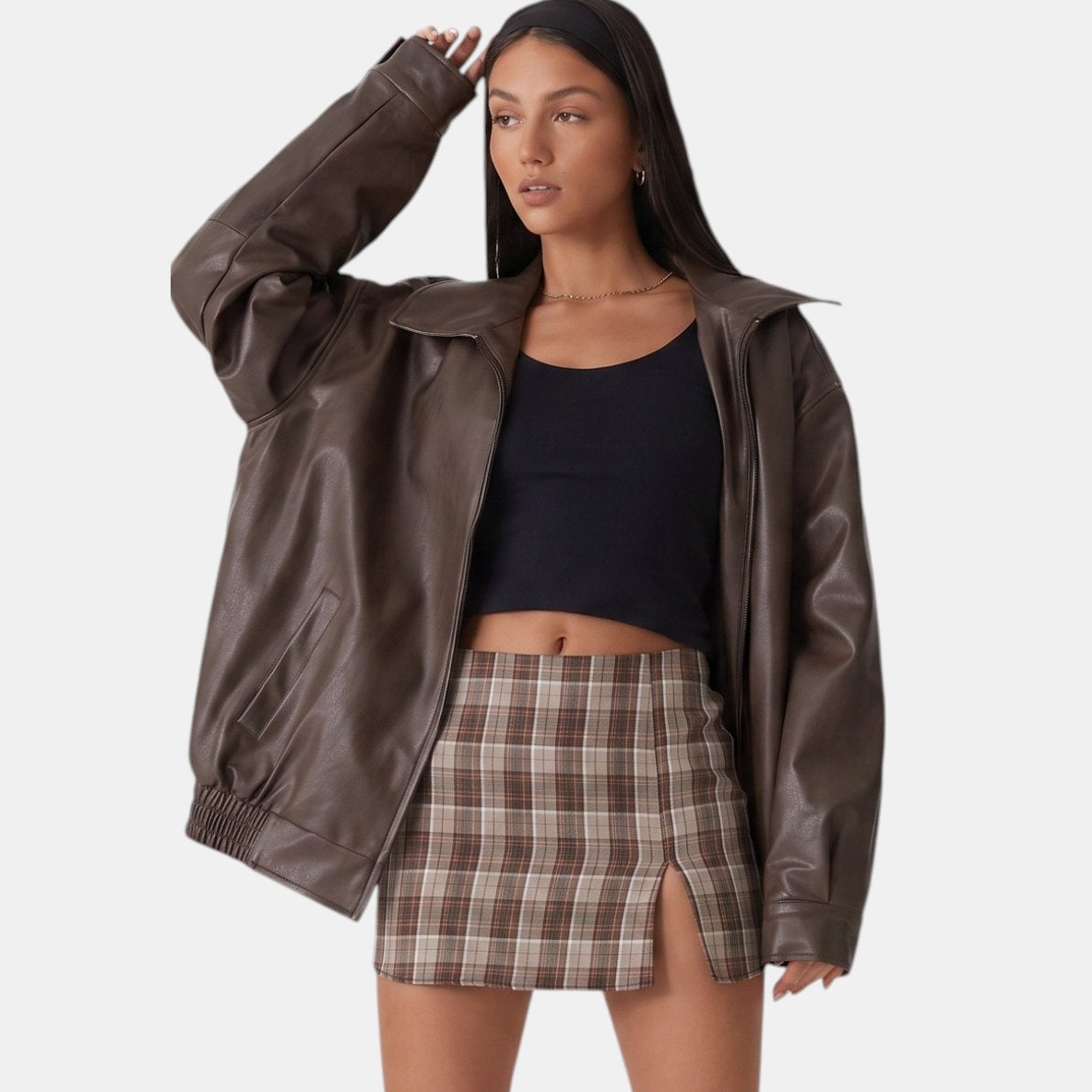 Zoé | Oversized Zip Front Faux Leather Bomber Jacket