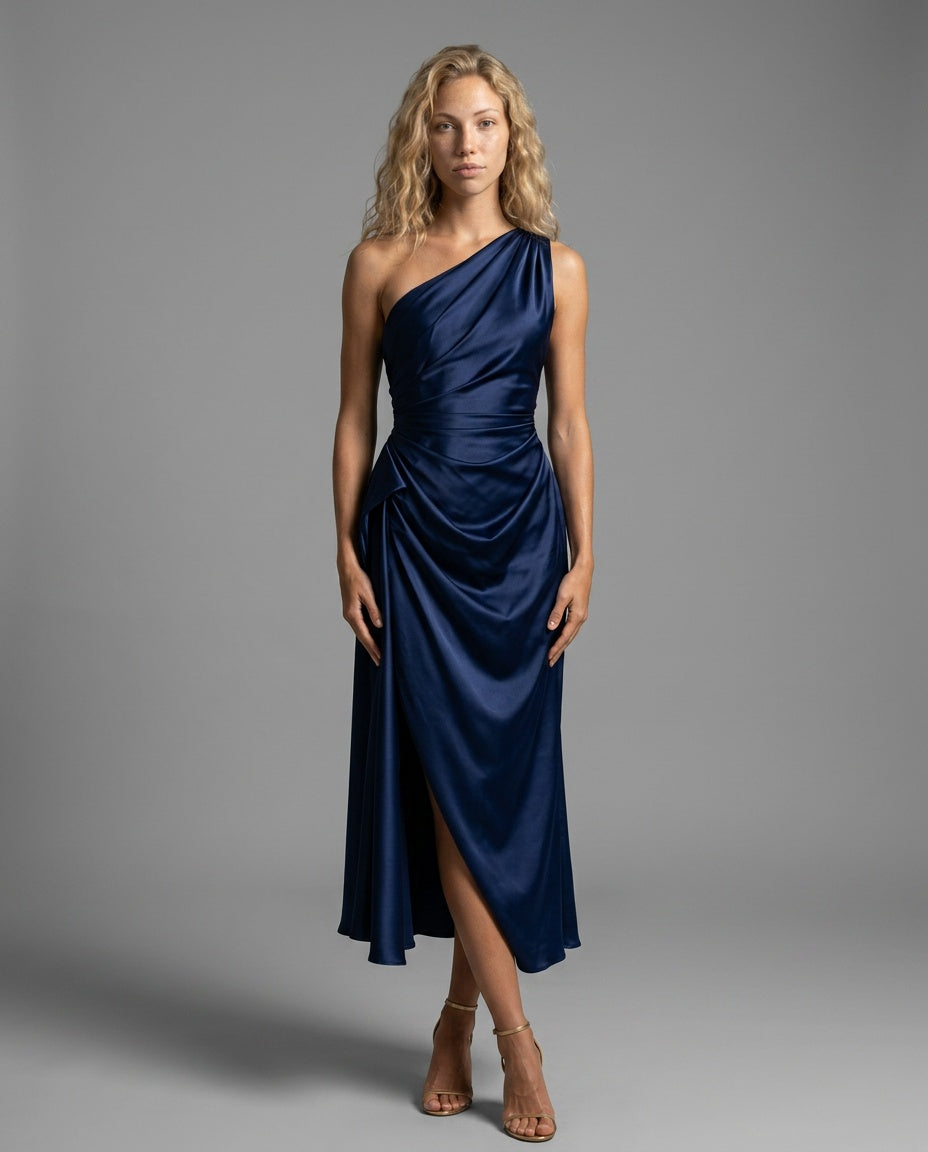 Seraphina | One-Shoulder Draped Satin-Look Midi Dress