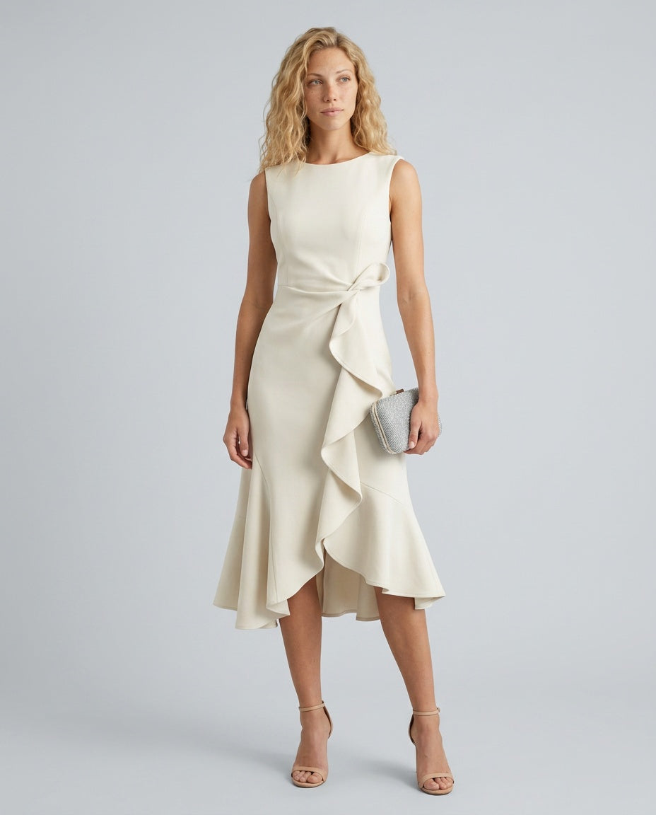 Thea | Sleeveless Draped Asymmetric Midi Dress