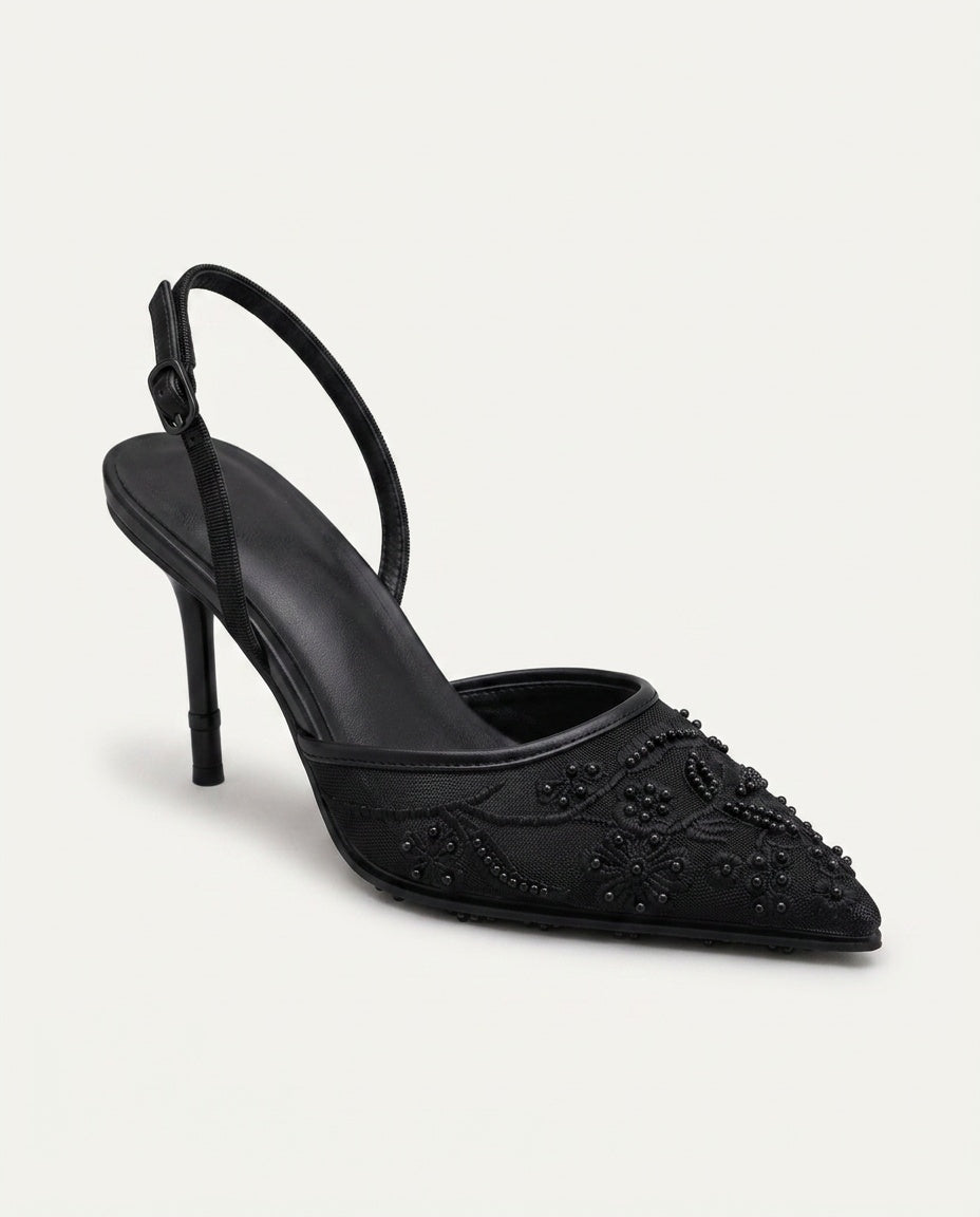 Leona | Embroidered Mesh Kitten Heel Slingbacks