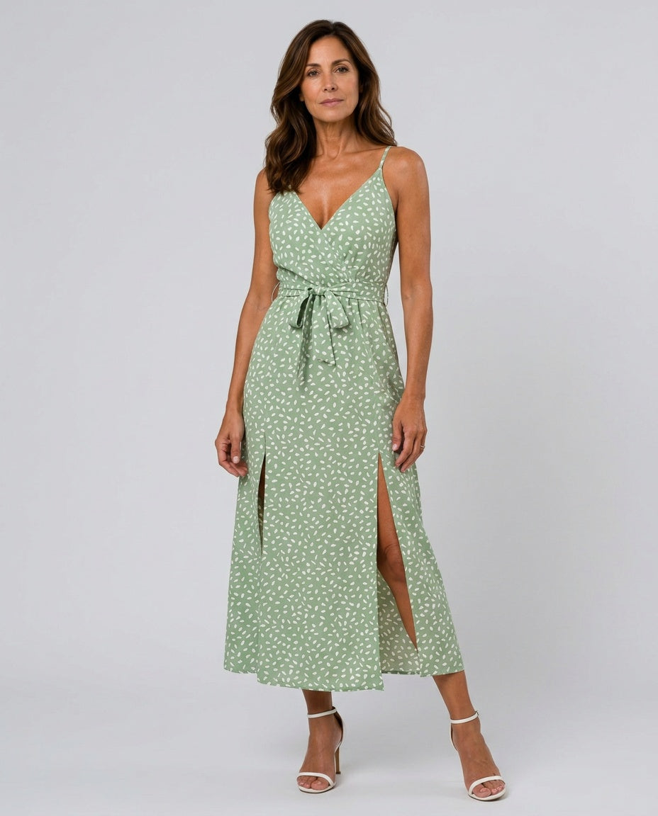 Aubrey | Polka Dot Wrap Midi Dress with Side Split