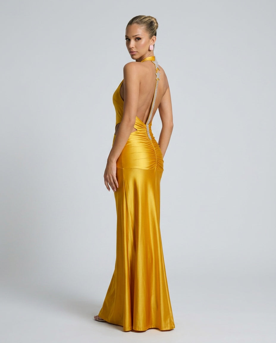 Rosa | Crystal Cutout Satin-Look Maxi Dress