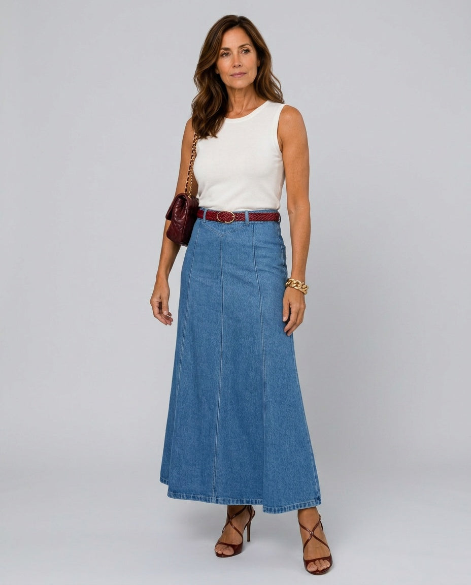 Vera | High Waist A-Line Panel Denim Maxi Skirt
