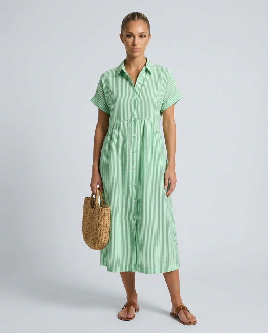Saffron | Striped Button-Front Short Sleeve Midi Dress