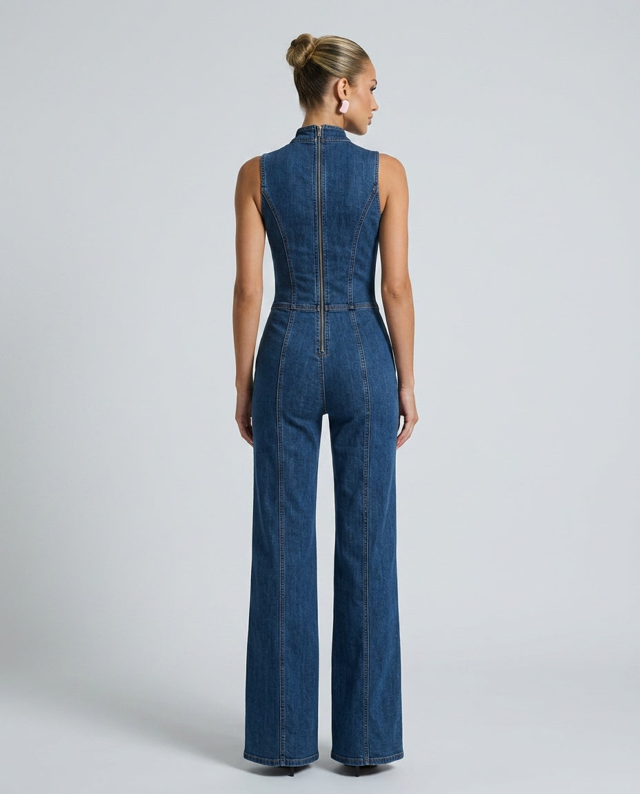 Demi | Sleeveless High-Neck Flared Denim Jumpsuit