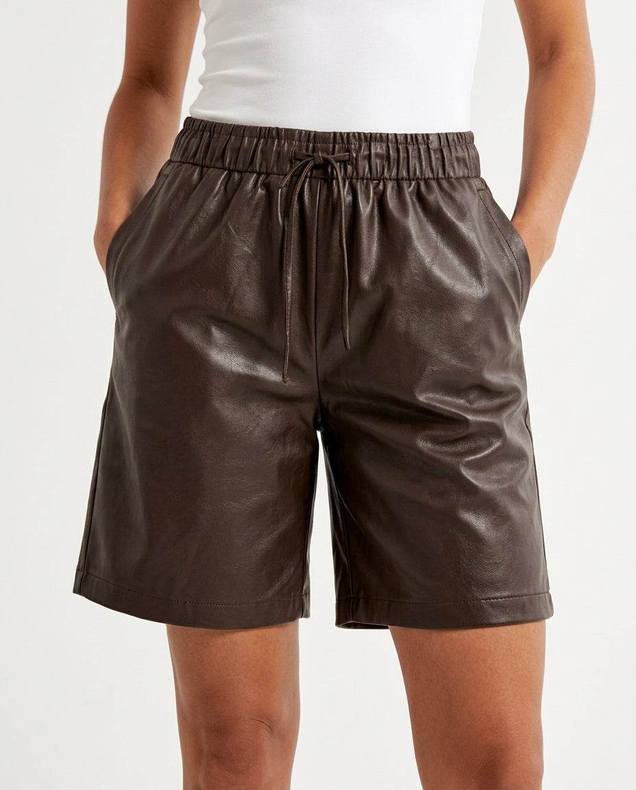 Tazmira | Faux Leather Bermuda Shorts with Elastic Waist