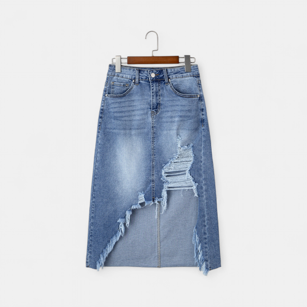 Vivienne | Distressed Asymmetric Raw Hem Denim Midi Skirt
