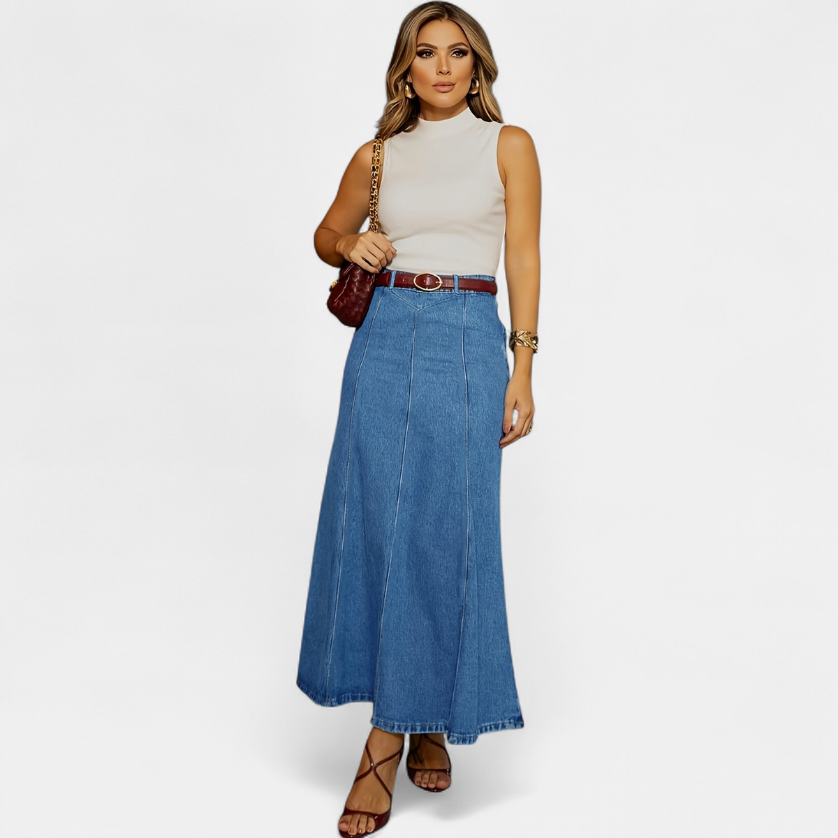 Vera | High Waist A-Line Panel Denim Maxi Skirt