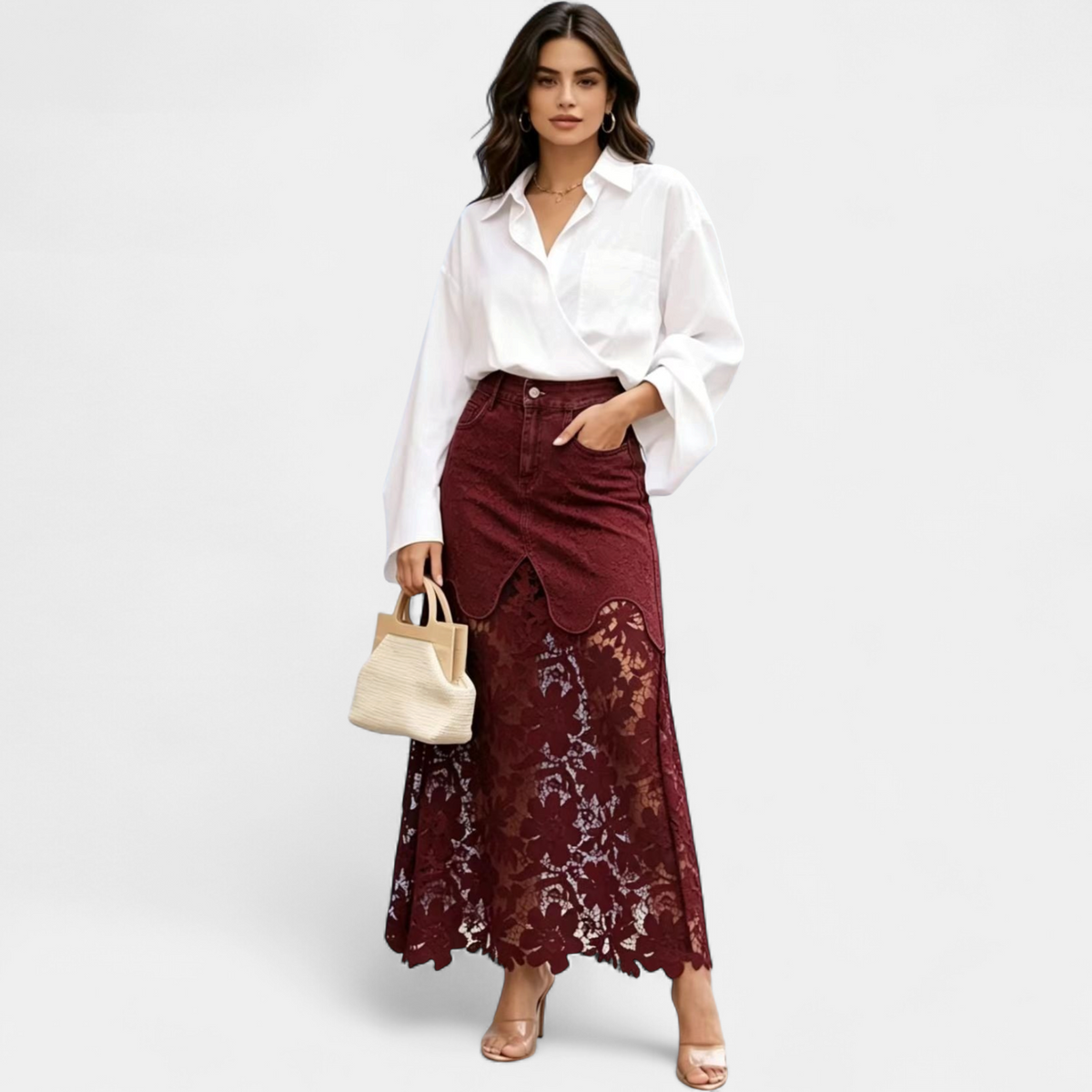 Malena | High Waist Button Front Denim Lace Panel Maxi Skirt