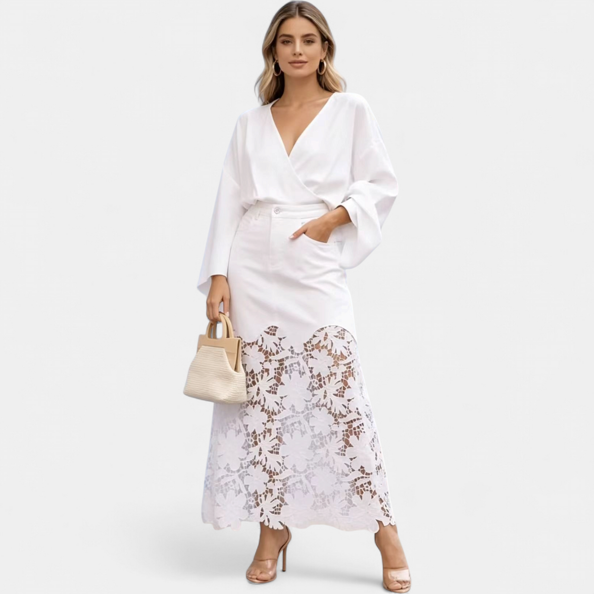 Malena | High Waist Button Front Denim Lace Panel Maxi Skirt