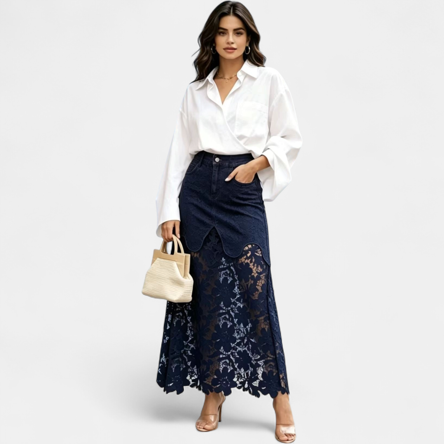 Malena | High Waist Button Front Denim Lace Panel Maxi Skirt