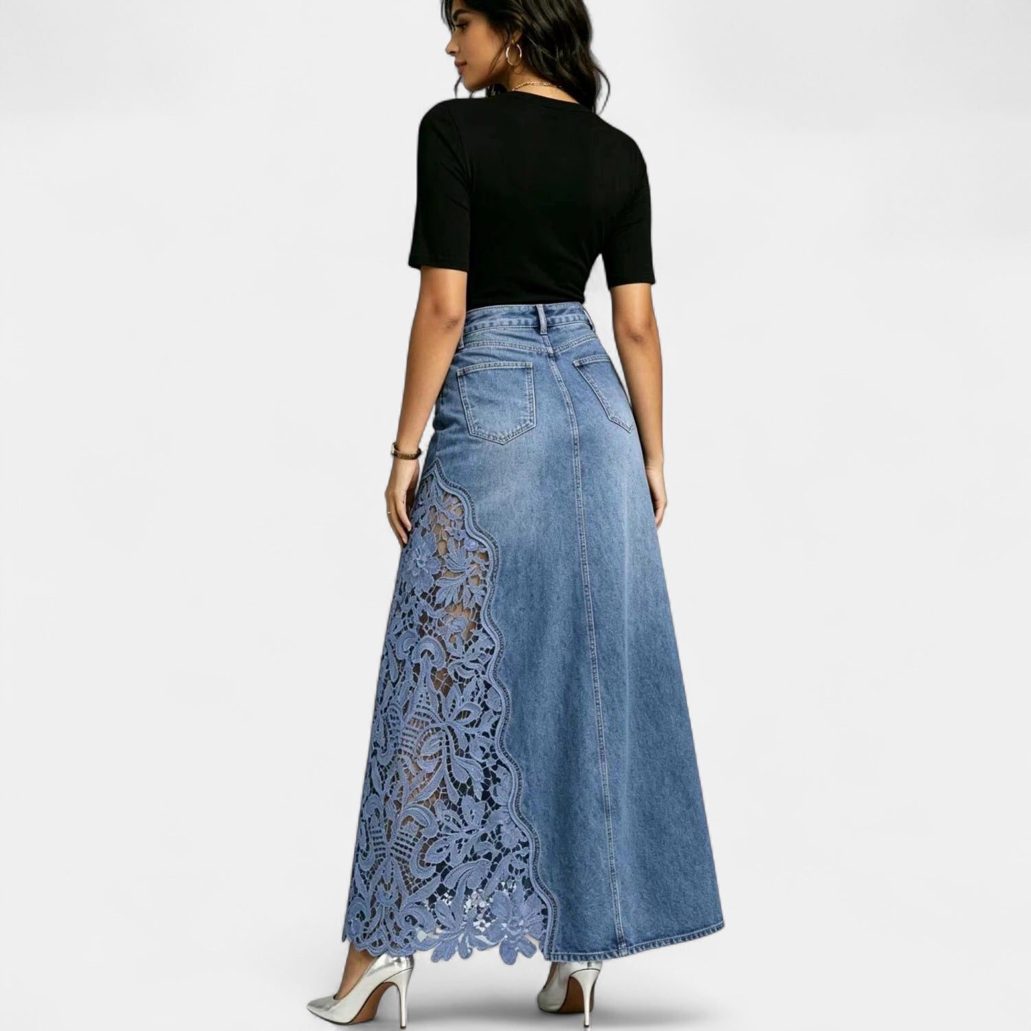 Everly | High Waist Floral Crochet Lace Denim Maxi Skirt