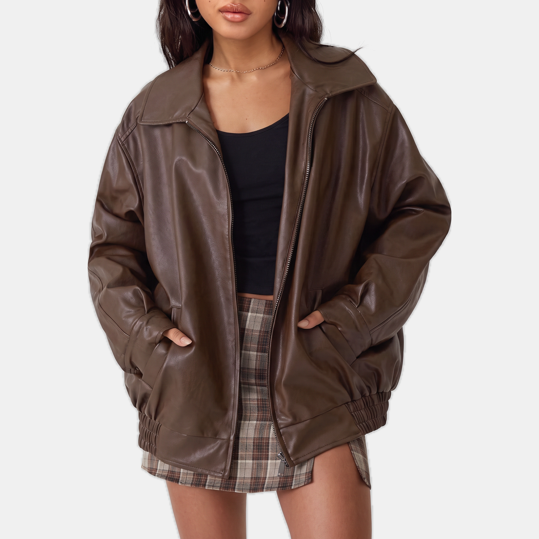 Zoé | Oversized Zip Front Faux Leather Bomber Jacket