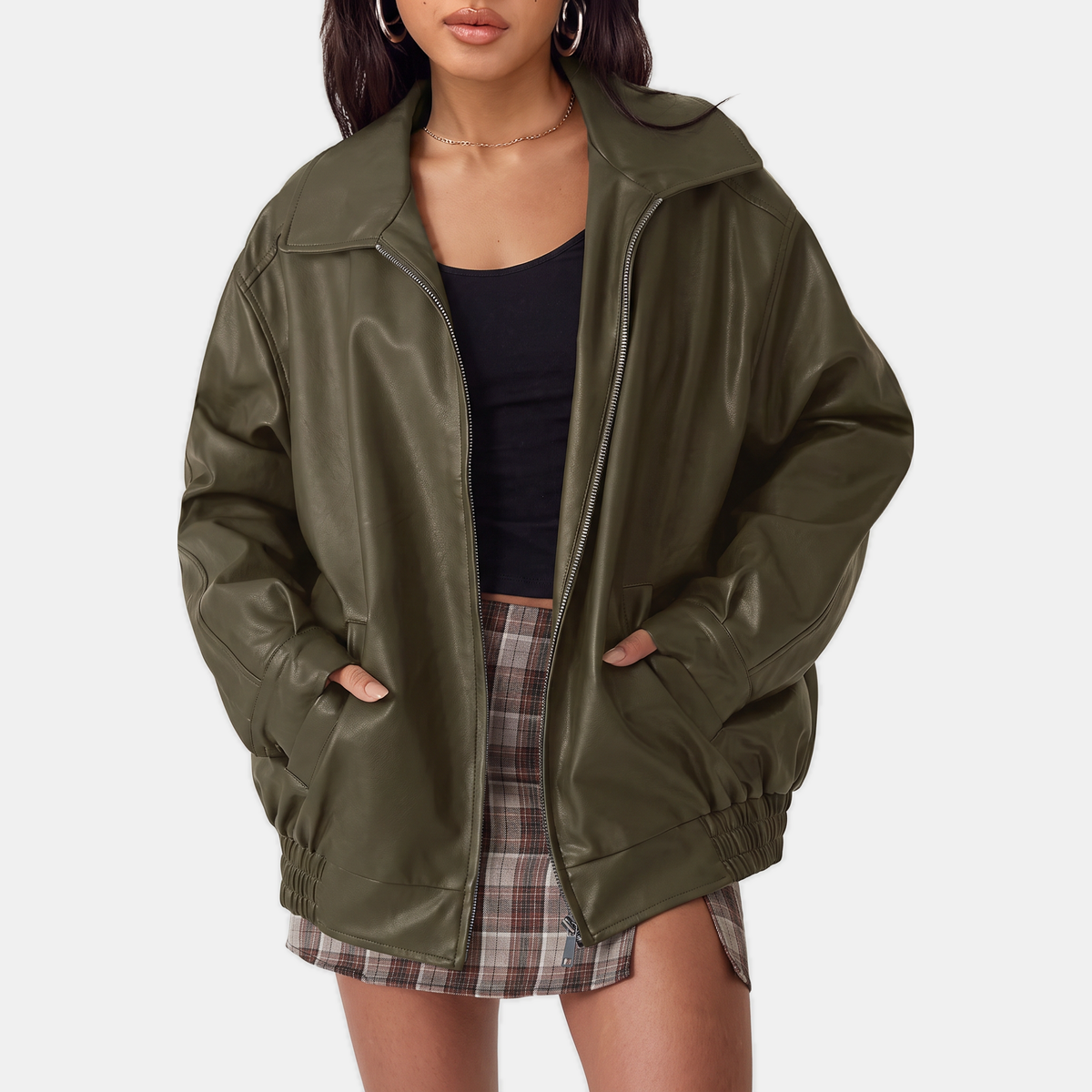 Zoé | Oversized Zip Front Faux Leather Bomber Jacket