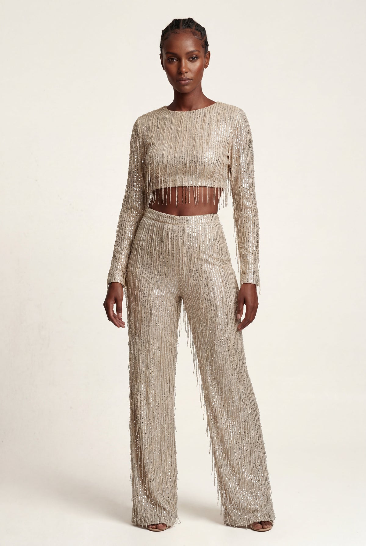Ada | Sequin Fringe Long Sleeve Crop Top & Wide-Leg Pants Co-ord Set