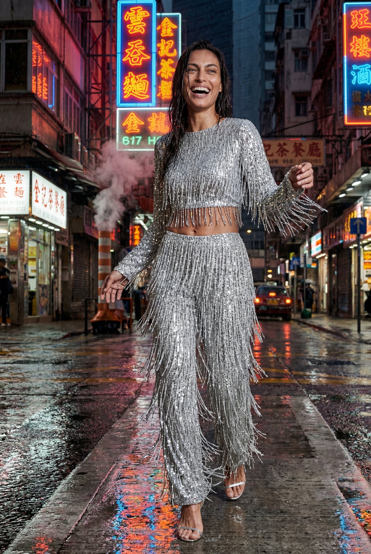 Ada | Sequin Fringe Long Sleeve Crop Top & Wide-Leg Pants Co-ord Set