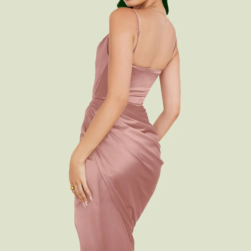 Beatrix | Waterfall Neckline Ruched Satin Mini Dress