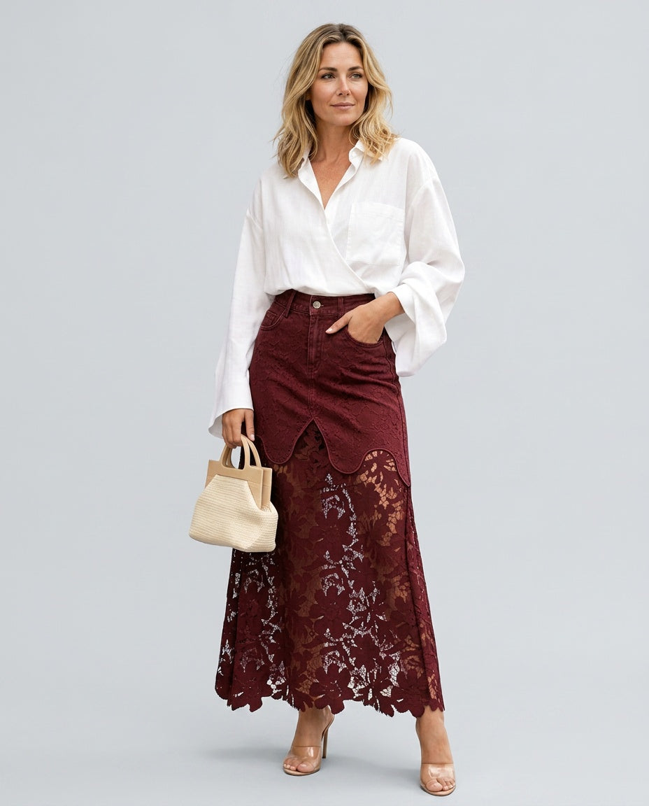 Malena | High Waist Button Front Denim Lace Panel Maxi Skirt