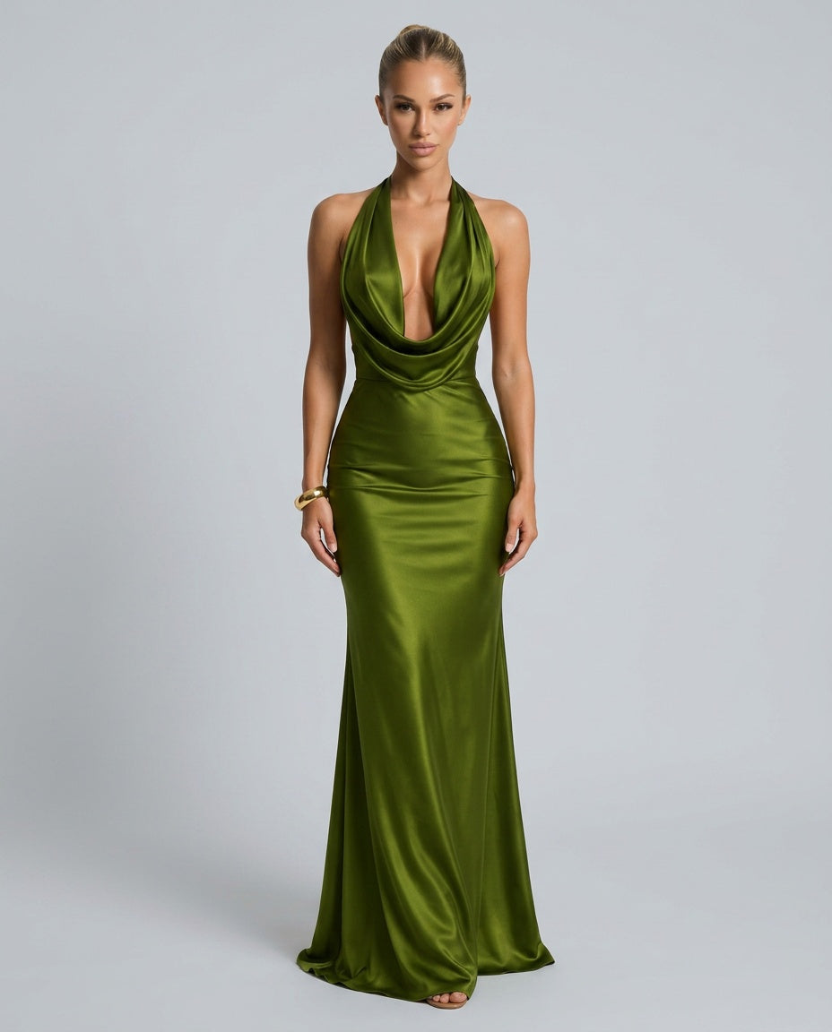 Adriana | Plunge Halterneck Satin-Look Mermaid Maxi Dress